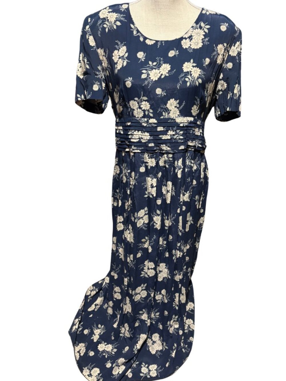 Vintage Betsy Lauren Navy Floral Midi Dress Cottagecore Prairie Rayon Women 10
